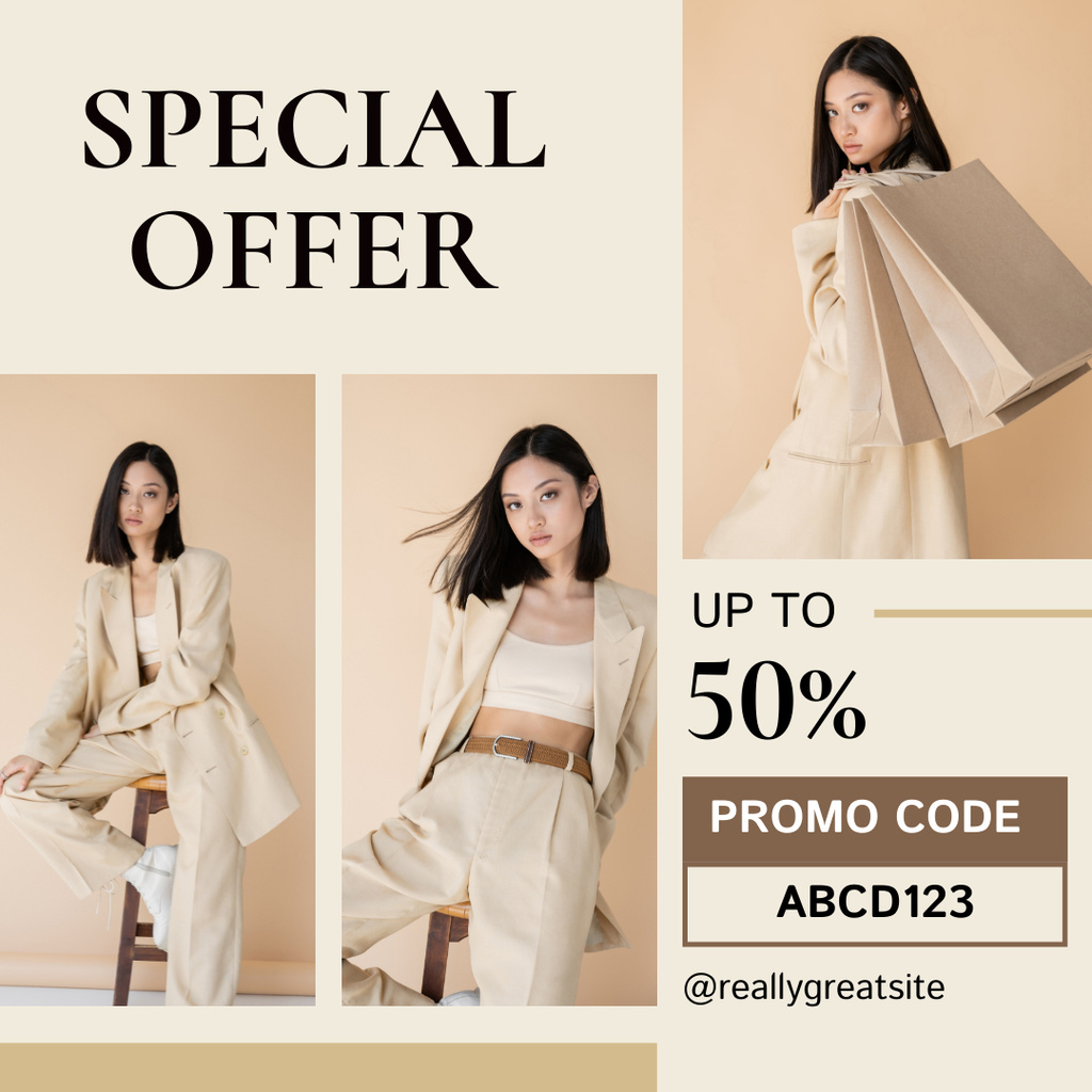 Special Fashion Offer with Woman in Beige Outfit Instagram AD tervezősablon