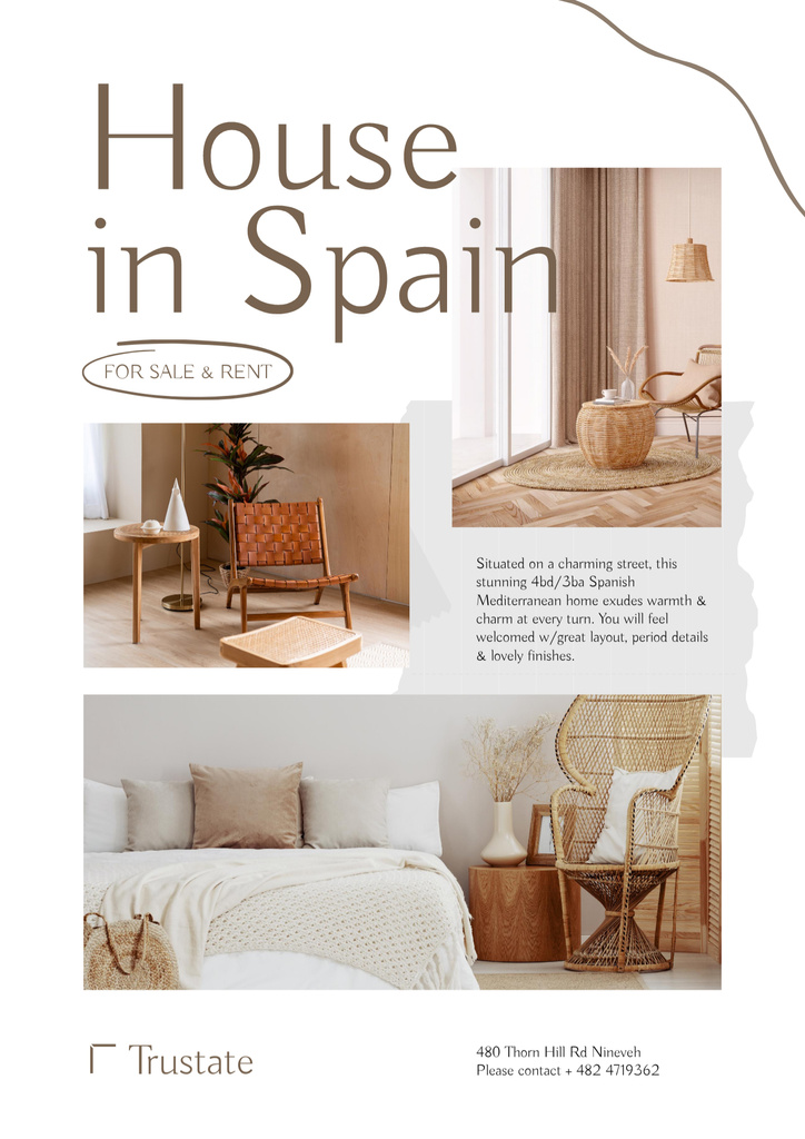 Platilla de diseño Cozy House in Spain Rent Offer on Beige Poster B2