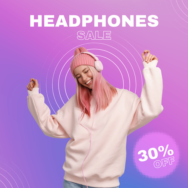 Headphone Discount Ad with Cheerful Girl Instagram Tasarım Şablonu