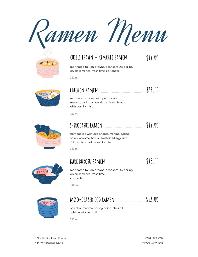 Ramen Restaurant With Illustrated Dishes Menu 8.5x11in tervezősablon