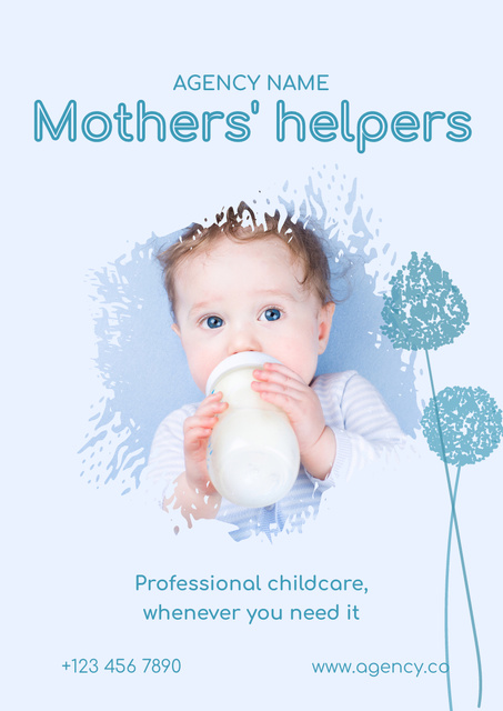 Babysitting Services Offer with Cute Baby with Bottle Poster A3デザインテンプレート