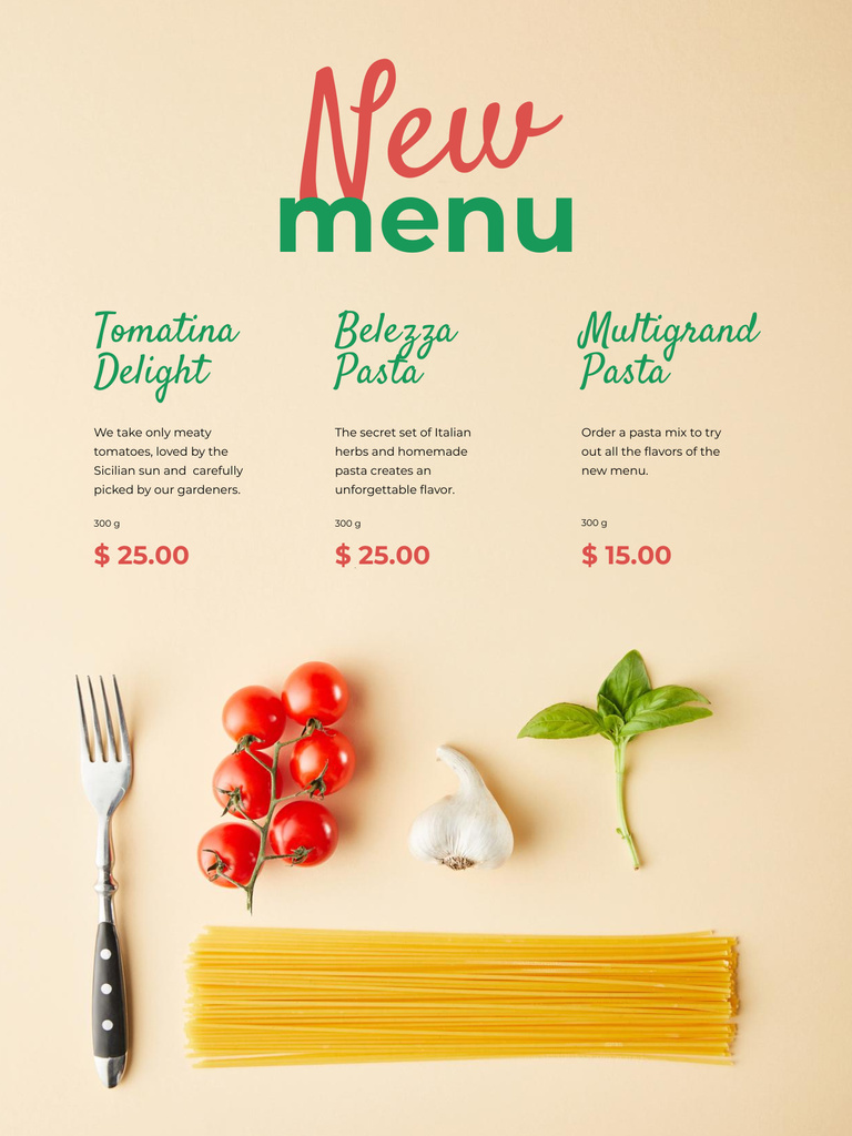 Italian Restaurant Meals Description Offer with Pasta Ingredients Poster US Design Template