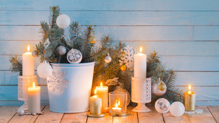 Decorated Fir Branch with Burning Candles Zoom Background Design Template