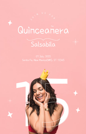 Elegant Quinceañera Celebration Announcement With Girl In Crown Invitation 5.5x8.5in Design Template