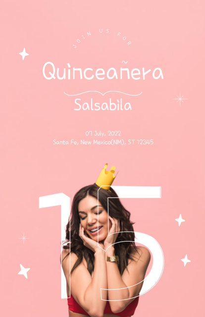 Elegant Quinceañera Celebration Announcement With Girl In Crown Invitation 5.5x8.5inデザインテンプレート