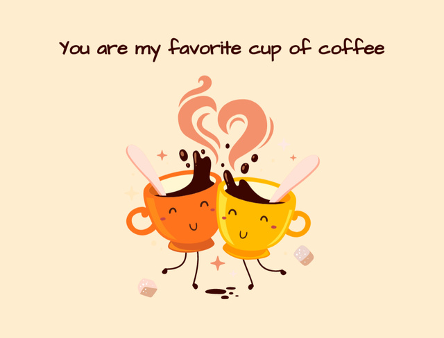 Love Phrase With Cute Coffee Cups Postcard 4.2x5.5in Tasarım Şablonu