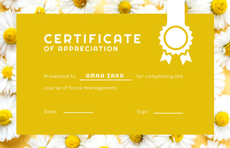 Certificate of Appreciation with Flowers in Yellow Certificate 5.5x8.5in Design Template