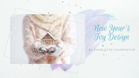 Hands holding house model for New Year Title 1680x945px Design Template
