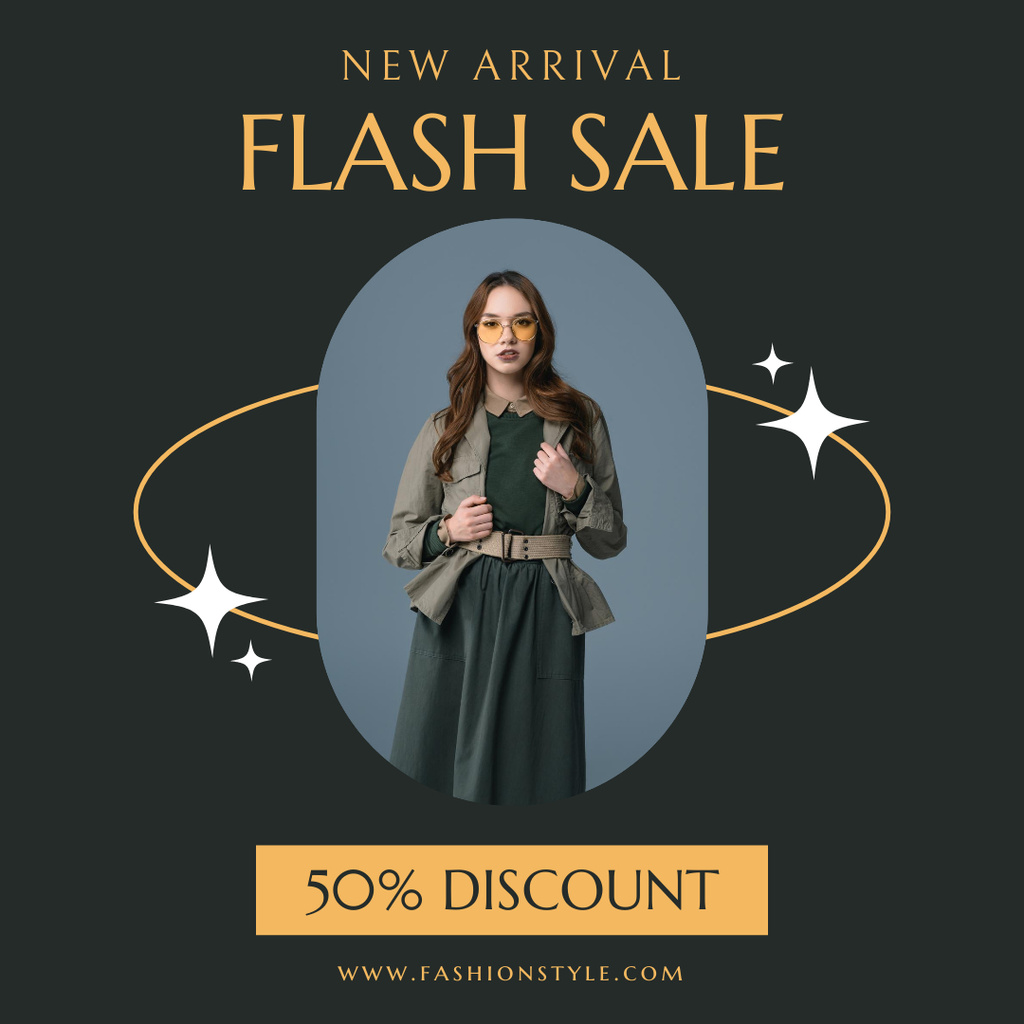 Flash Sale Ad with Woman in Green Dress and Jacket Instagramデザインテンプレート
