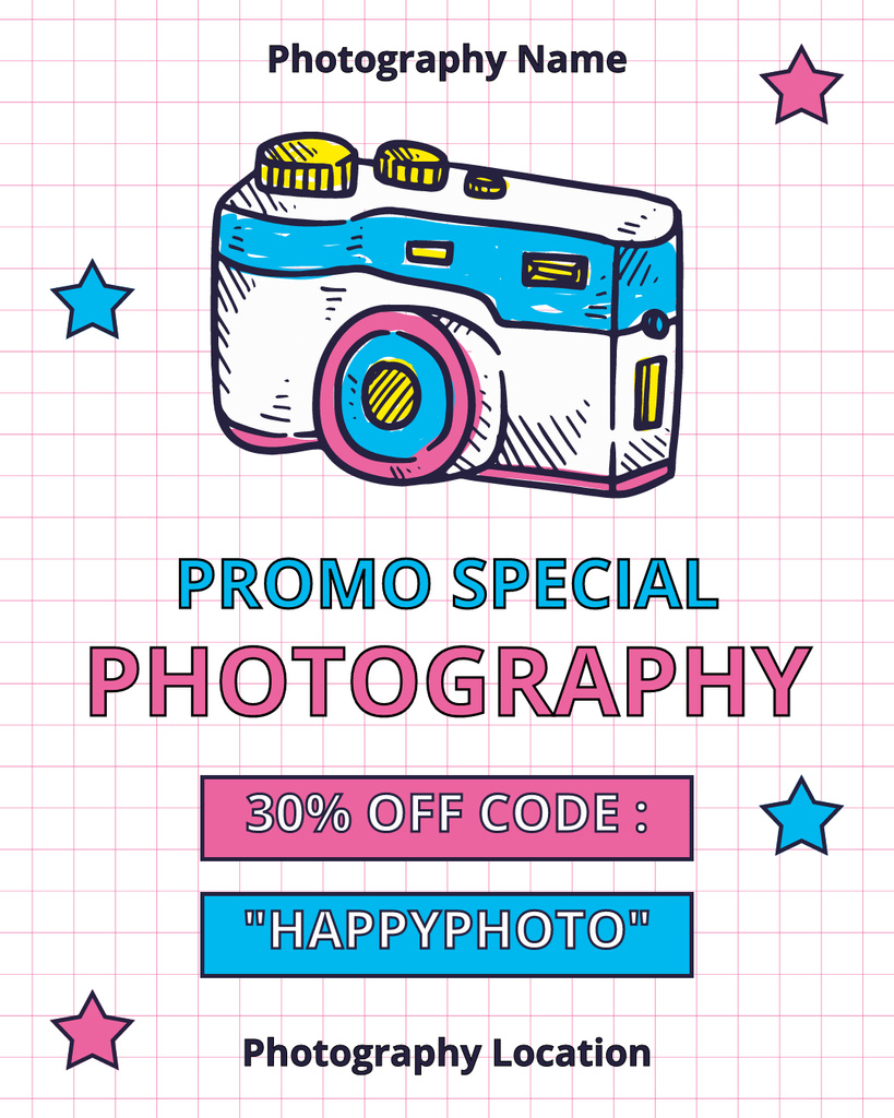 Plantilla de diseño de Promo Code Offers on Photography Courses with Camera Instagram Post Vertical 