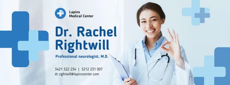 Doctor Contacts with Smiling Practitioner with Stethoscope Facebook cover Design Template