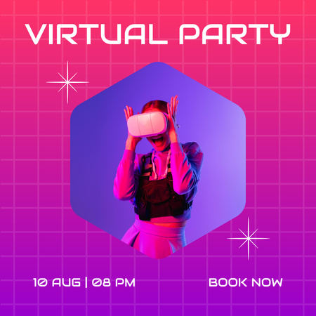 Modèle de visuel Invitation à une fête virtuelle avec une fille dans des lunettes VR sur rose - Instagram