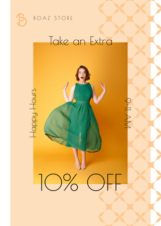 Clothes Shop Happy Hour Offer Woman in Green Dress Flayer Πρότυπο σχεδίασης