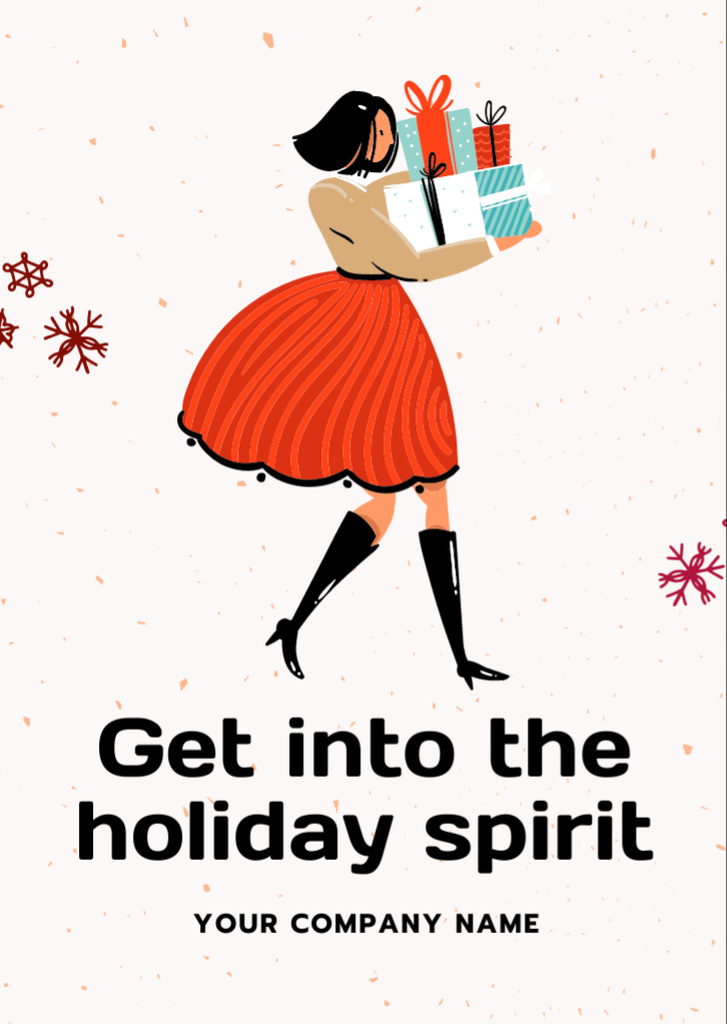 Illustration of Girl Carrying Christmas Gifts Flyer A6 Design Template