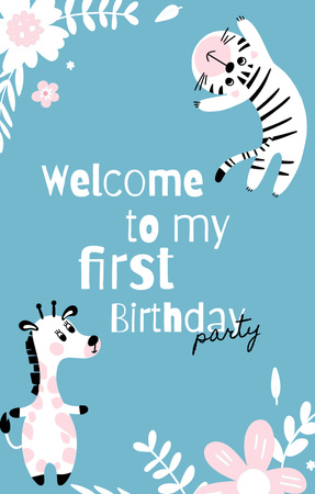 Template di design First Birthday Party Announcement with Cute Animals on Blue Invitation 4.6x7.2in