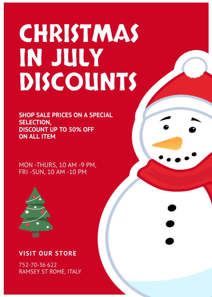 Christmas Sale in July with Cute Snowman in Red Hat Flayer Design Template