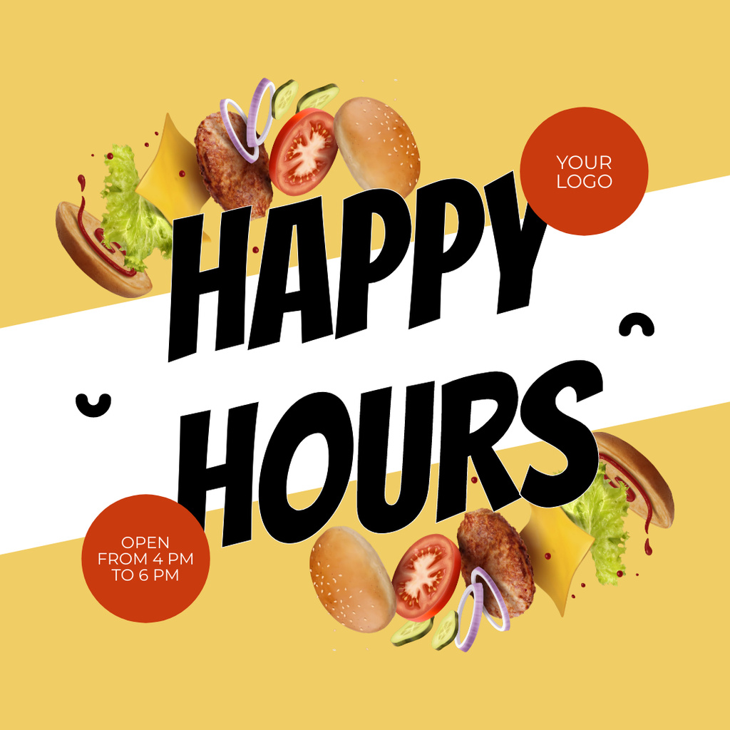 Modèle de visuel Happy Hours Announcement with Burger Ingredients - Instagram AD