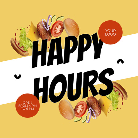 Happy Hours Announcement with Burger Ingredients Instagram AD Design Template