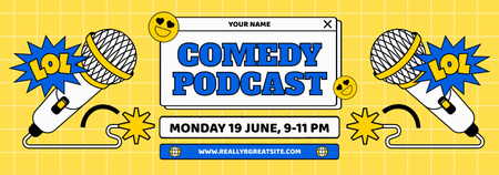 Platilla de diseño Podcast Comedy Offer with Microphone on Yellow Tumblr