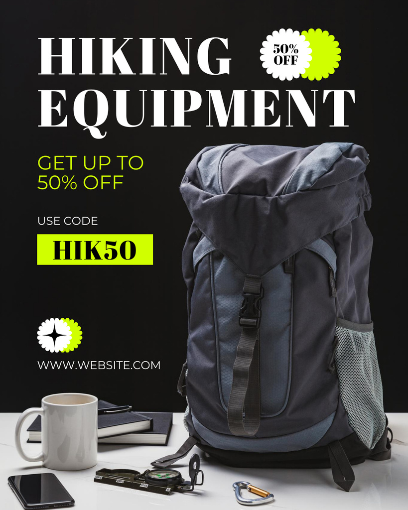 Hiking Equipment Ad with Backpack and Tools Instagram Post Vertical Modelo de Design