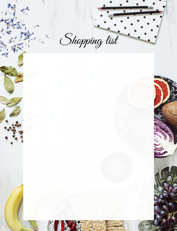 Template di design lista della spesa con piatti e frutta in tavola Notepad 107x139mm