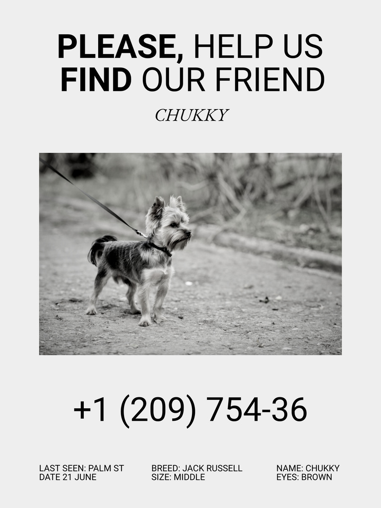 Designvorlage Announcement about Missing Puppy with Black and White Photo für Poster US