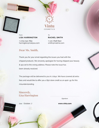 Cosmetics Store Customers Support Response Letterhead 8.5x11in Design Template