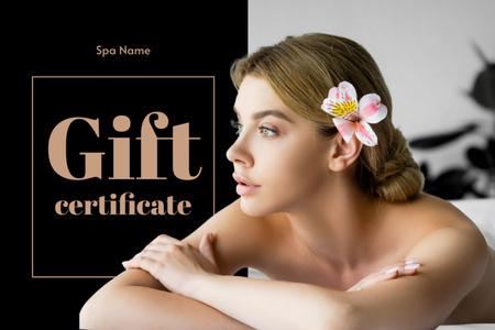 Ontwerpsjabloon van Gift Certificate van Massagesalon advertentie met mooie vrouw met bloem in haar