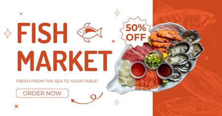Plantilla de diseño de Promoción del mercado de pescado con plato de mariscos. Facebook AD 