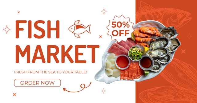 Fish Market Promotion with Seafood Dish Facebook ADデザインテンプレート