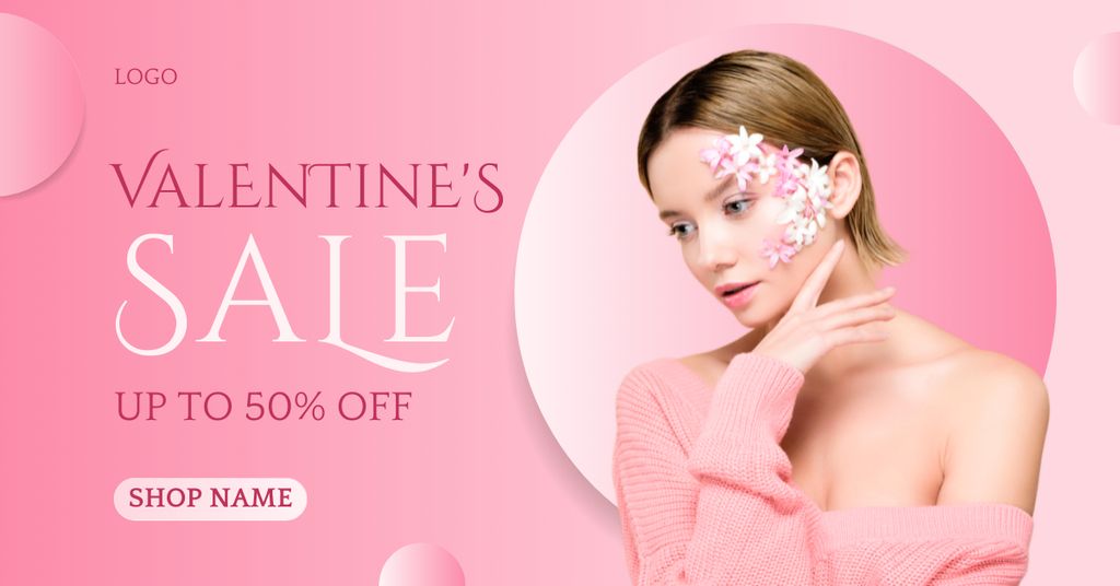 Valentine's Day Discount Offer with Attractive Blonde Woman in Pink Facebook AD Design Template