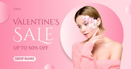 Designvorlage Valentine's Day Discount Offer with Attractive Blonde Woman in Pink für Facebook AD