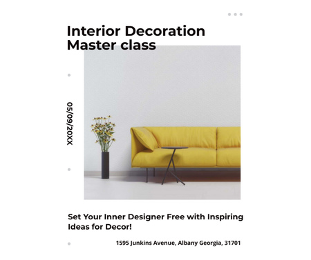 Plantilla de diseño de clase magistral de decoración de interiores con sofá en amarillo Facebook 