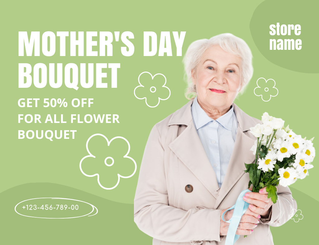 Elder Woman with Tender Flowers on Mother's Day Thank You Card 5.5x4in Horizontal Tasarım Şablonu