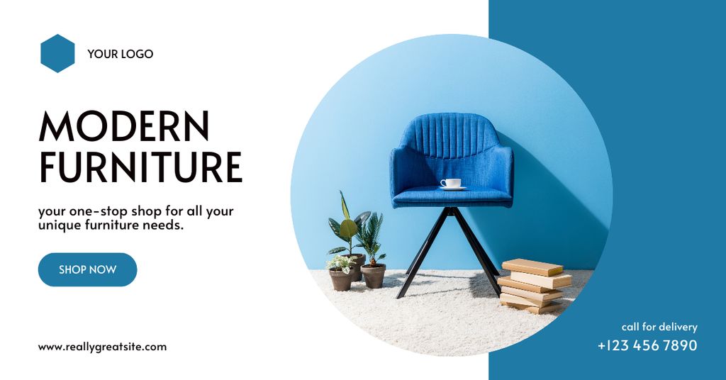 Ad of Modern Furniture with Blue Armchair Facebook AD Šablona návrhu