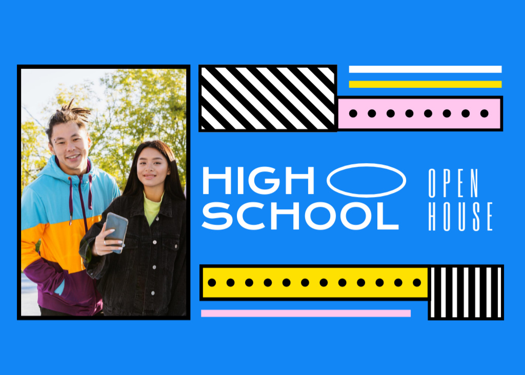 High School Advertisement on Blue Flyer 5x7in Horizontal Design Template