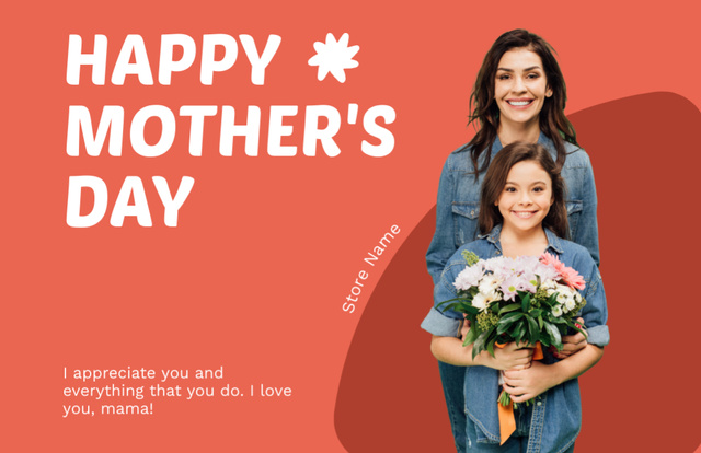 Mom and Daughter on Red Layout of Mother's Day Greeting Thank You Card 5.5x8.5in Design Template