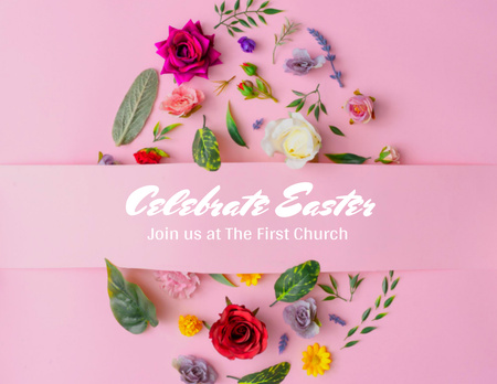 Easter Invitation to Church with Spring Flowers on Pink Flyer 8.5x11in Horizontal Design Template