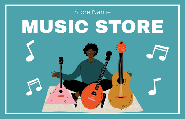 Music Store Ad with Musical Instruments Business Card 85x55mm Design Template