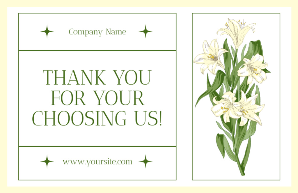 Thank You for Choosing Us Phrase with Bouquet of White Lilies Thank You Card 5.5x8.5in – шаблон для дизайна