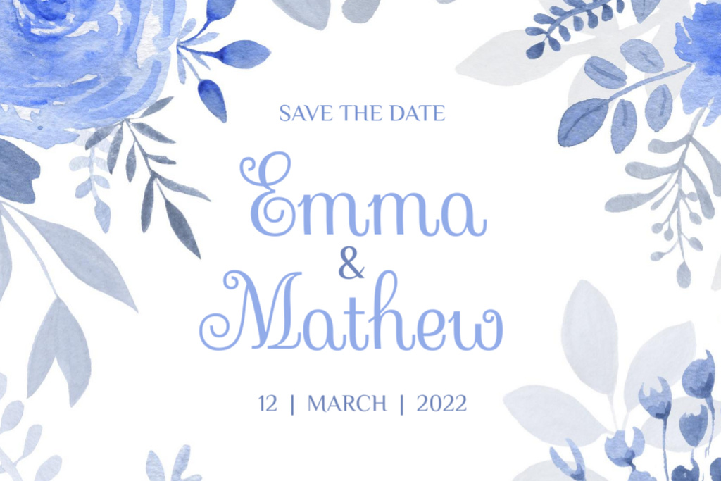 Wedding Celebration with Illustration of Blue Flowers Postcard 4x6in – шаблон для дизайна