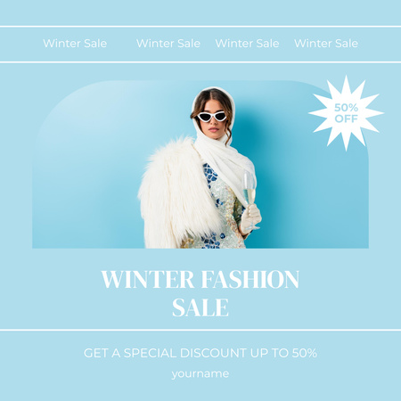 Designvorlage Wintermode-Verkaufsmitteilung mit attraktiver stilvoller Frau im Pelzmantel für Instagram