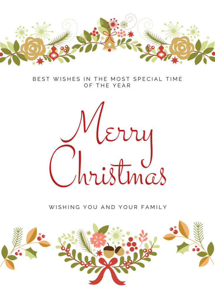 Christmas Wishes with Decorated Twigs Illustration Postcard 5x7in Vertical Design Template