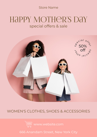 Mom and Daughter with Shopping Bags on Mother's Day Poster Design Template