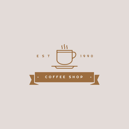 Illustration of Cup with Hot Coffee with Brown Ribbon Logo Design Template