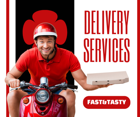 Delivery Services Offer with Courier holding Pizza Facebook Design Template