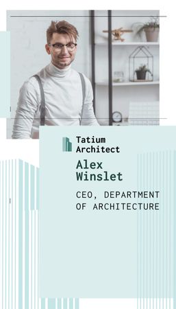 Template di design Contatti dell'architetto con l'uomo sorridente in ufficio Business Card US Vertical