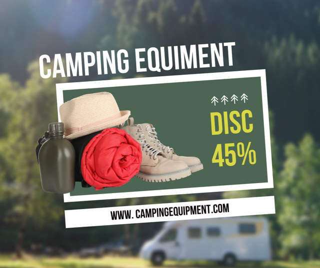 Professional Camping Equipment Sale Offer In Green Facebook Modelo de Design