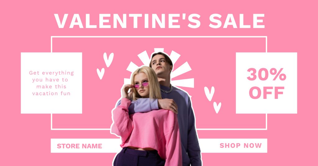 Valentine's Day Sale with Stylish Couple in Love on Pink Facebook AD Tasarım Şablonu
