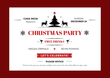 Christmas Party Invitation with Cute Tree and Deers in Red Poster B2 Horizontal Design Template